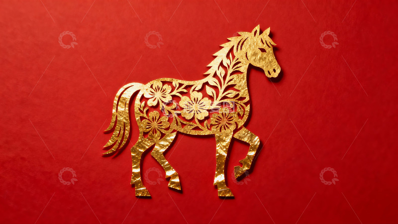 高清大图下载【趣麦麦图】金色剪纸马红底图案