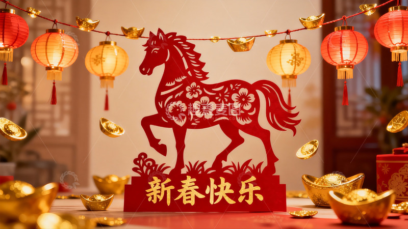 高清大图下载【趣麦麦图】春节装饰马形剪纸灯笼金元宝