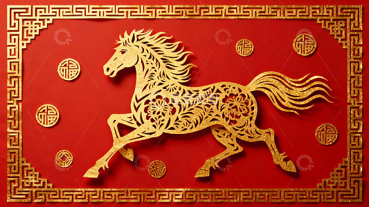 金色骏马剪纸艺术红色背景