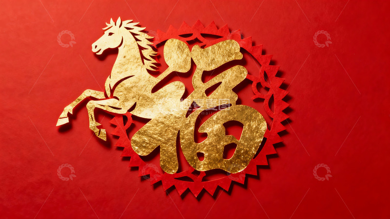 高清大图下载【趣麦麦图】红色背景上的金色剪纸马与福字