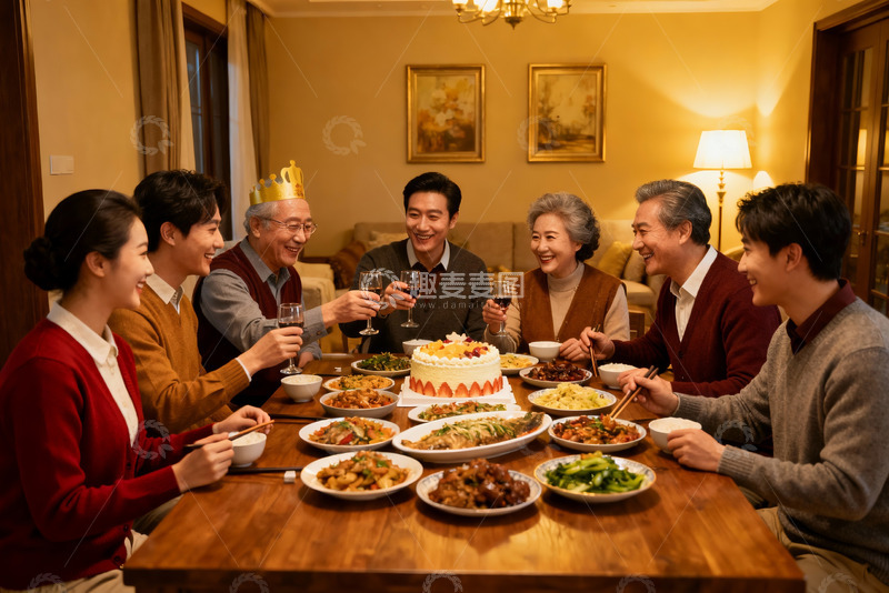 高清大图下载【趣麦麦图】家庭聚餐欢庆生日温馨场景
