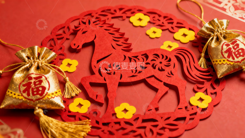 高清大图下载【趣麦麦图】红色剪纸马与金色福袋装饰