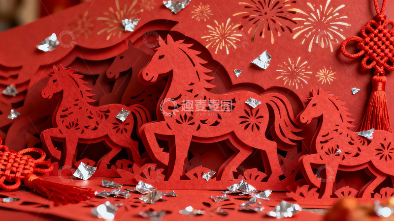 高清大图下载【趣麦麦图】红色剪纸马年春节装饰