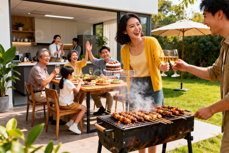 高清大图下载【趣麦麦图】家庭户外烧烤聚会欢乐场景