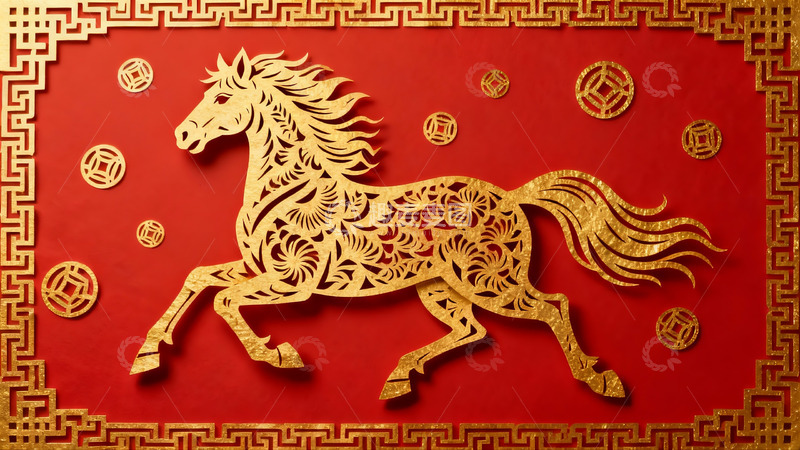 高清大图下载【趣麦麦图】金色骏马剪纸艺术红色背景