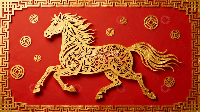 金色骏马剪纸艺术红色背景