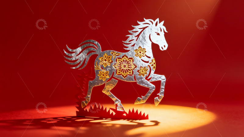 高清大图下载【趣麦麦图】红色背景上的银色马形剪纸