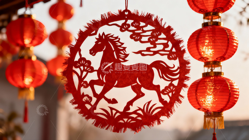 高清大图下载【趣麦麦图】春节红灯笼与剪纸马装饰
