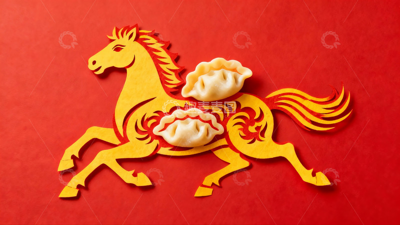 高清大图下载【趣麦麦图】红色背景上的剪纸马与饺子