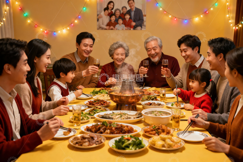 高清大图下载【趣麦麦图】家庭聚餐欢庆团圆时刻