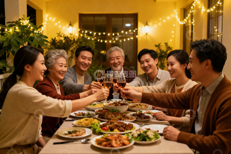 高清大图下载【趣麦麦图】温馨家庭聚餐举杯欢庆