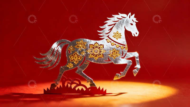 高清大图下载【趣麦麦图】红色背景上的金色马形剪纸