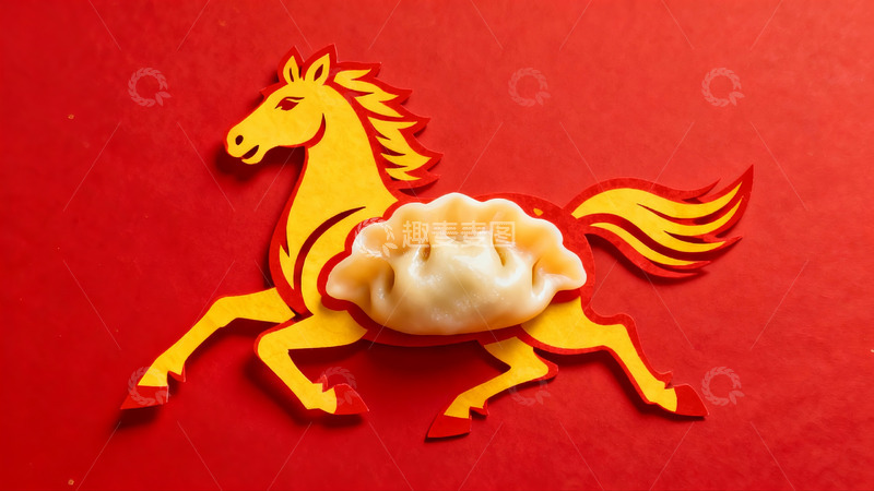 高清大图下载【趣麦麦图】饺子与剪纸马的红色新年装饰