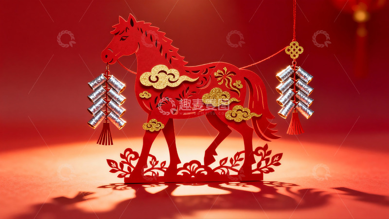 高清大图下载【趣麦麦图】红色剪纸马挂饰新年装饰