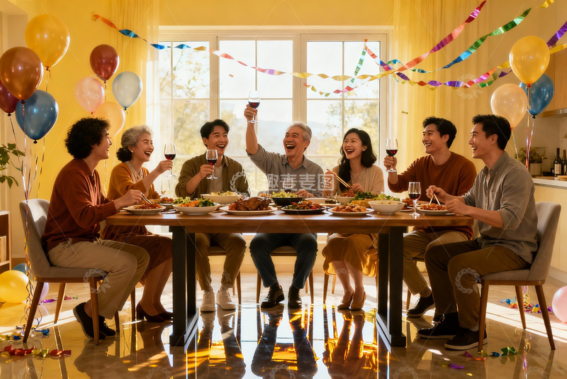 高清大图下载【趣麦麦图】家庭聚会欢庆举杯共享美食