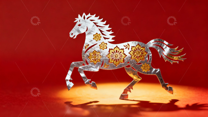 高清大图下载【趣麦麦图】红色背景上的银色马形剪纸