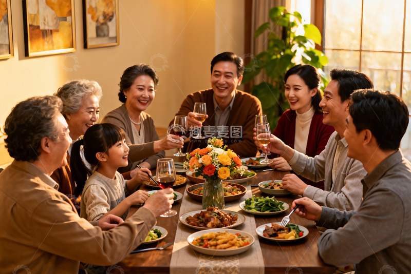 高清大图下载【趣麦麦图】三代同堂家庭聚餐温馨场景