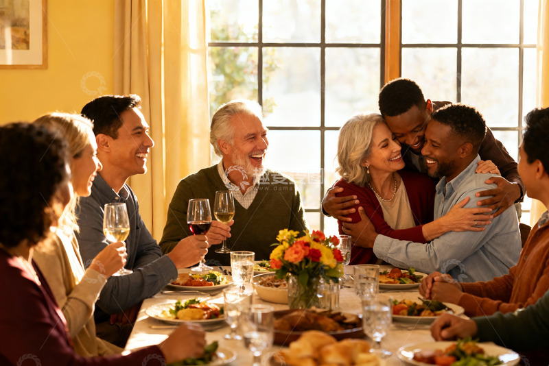 高清大图下载【趣麦麦图】家庭聚餐欢笑拥抱温馨场景