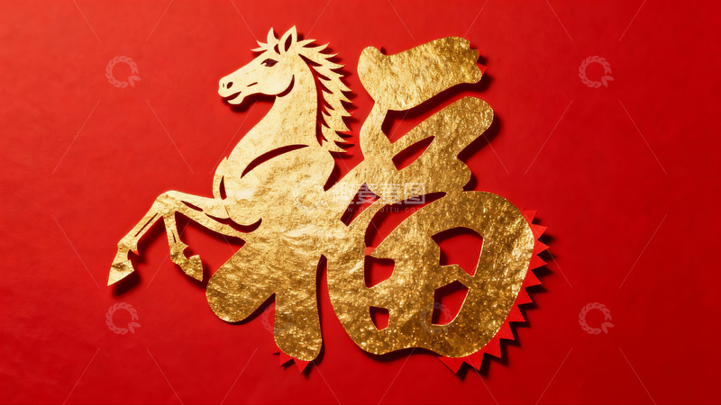 高清大图下载【趣麦麦图】金色剪纸马与福字图案