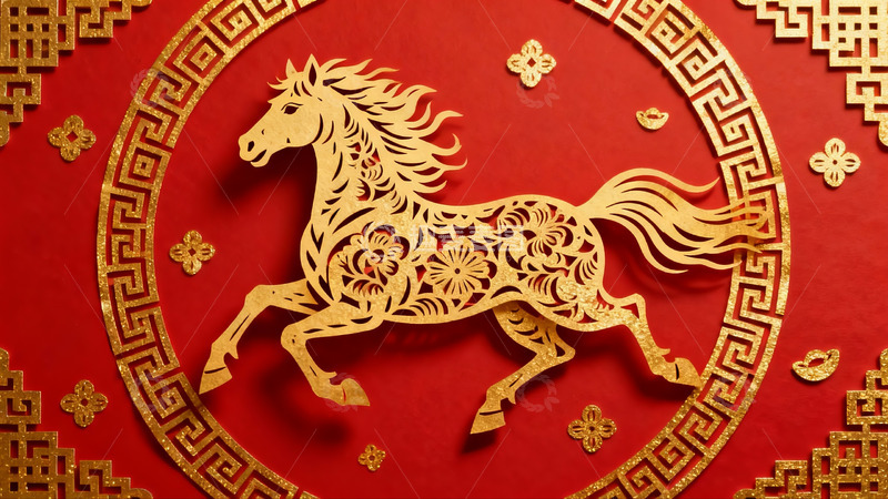 高清大图下载【趣麦麦图】红色背景金色剪纸马图案