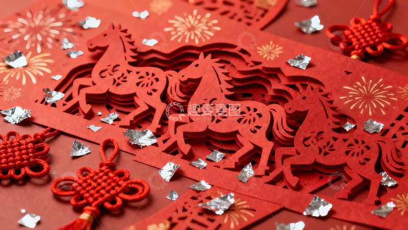 高清大图下载【趣麦麦图】红色剪纸马年装饰图案
