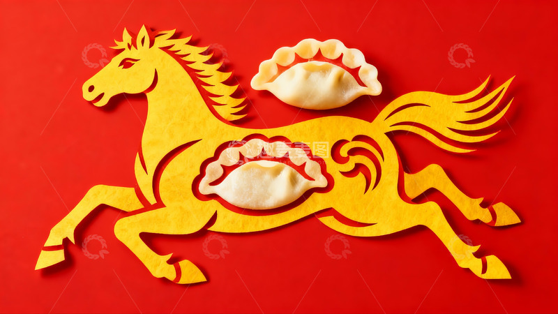 高清大图下载【趣麦麦图】剪纸马与饺子创意图案