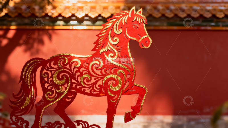 高清大图下载【趣麦麦图】红色剪纸马装饰传统建筑前