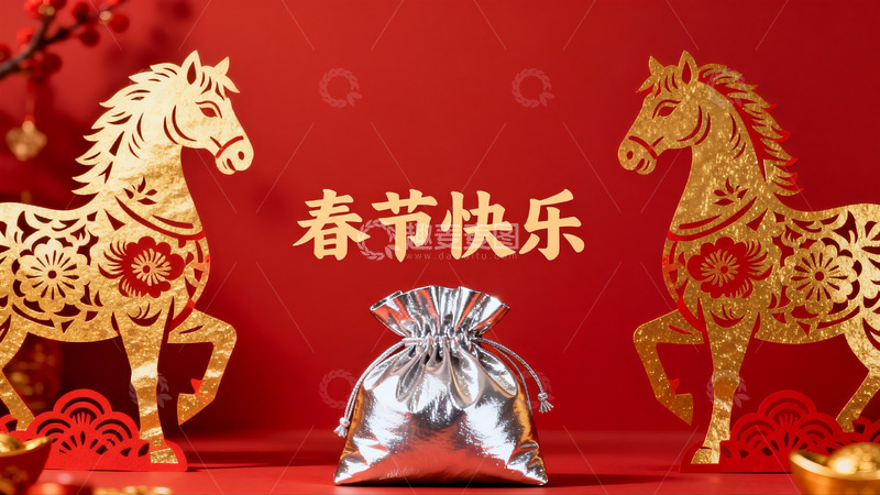 高清大图下载【趣麦麦图】春节贺图金马银袋红背景