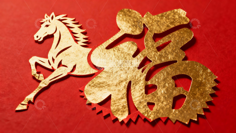 高清大图下载【趣麦麦图】金色剪纸马与福字