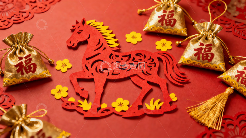 高清大图下载【趣麦麦图】红色剪纸马与金色福袋装饰