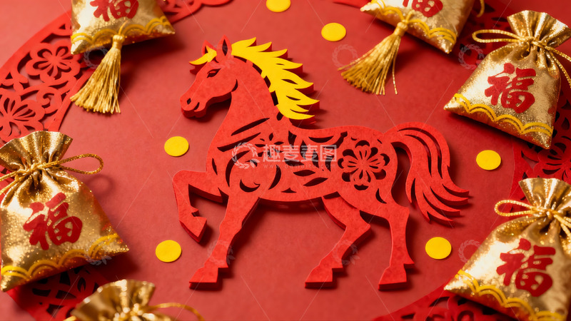 高清大图下载【趣麦麦图】红色剪纸马与金色福袋装饰