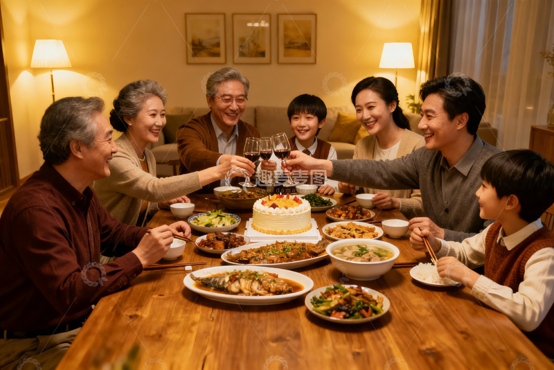 高清大图下载【趣麦麦图】温馨家庭聚餐举杯欢庆