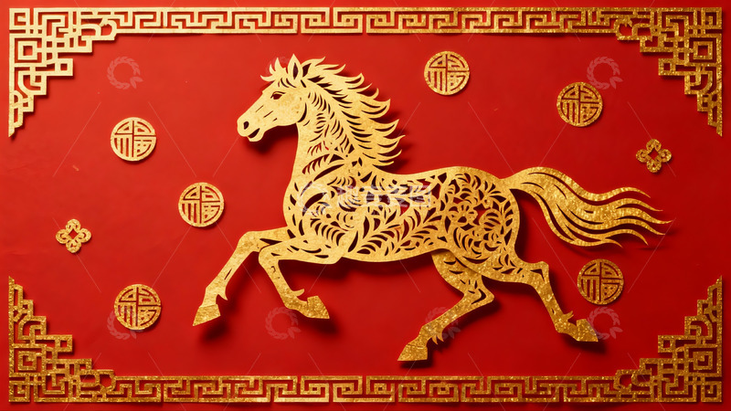 高清大图下载【趣麦麦图】红色背景金色骏马剪纸艺术