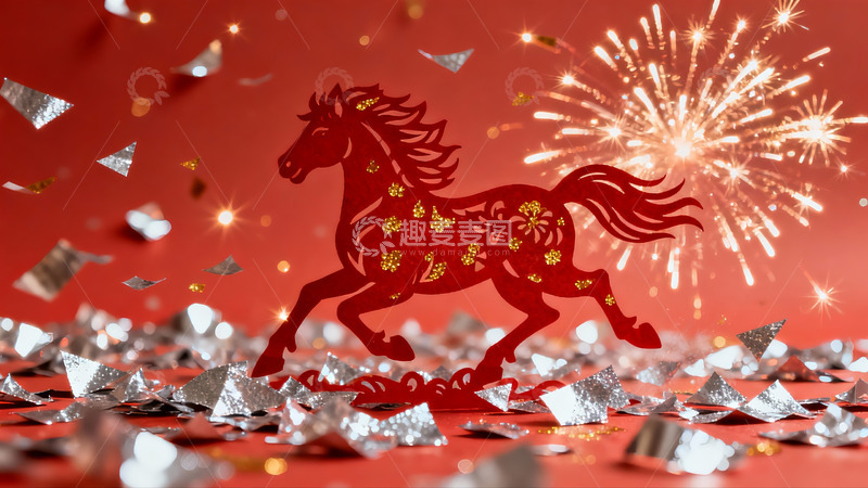 高清大图下载【趣麦麦图】红色剪纸马烟花庆祝画面