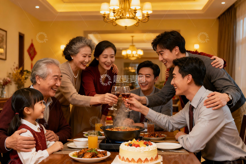 高清大图下载【趣麦麦图】三代同堂家庭聚餐欢庆时刻