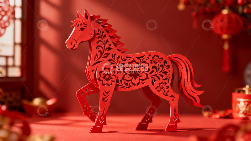 高清大图下载【趣麦麦图】红色剪纸马装饰新年氛围浓厚