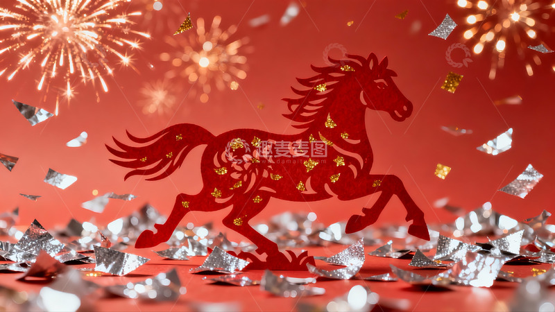 高清大图下载【趣麦麦图】红色剪纸马烟花背景新年装饰