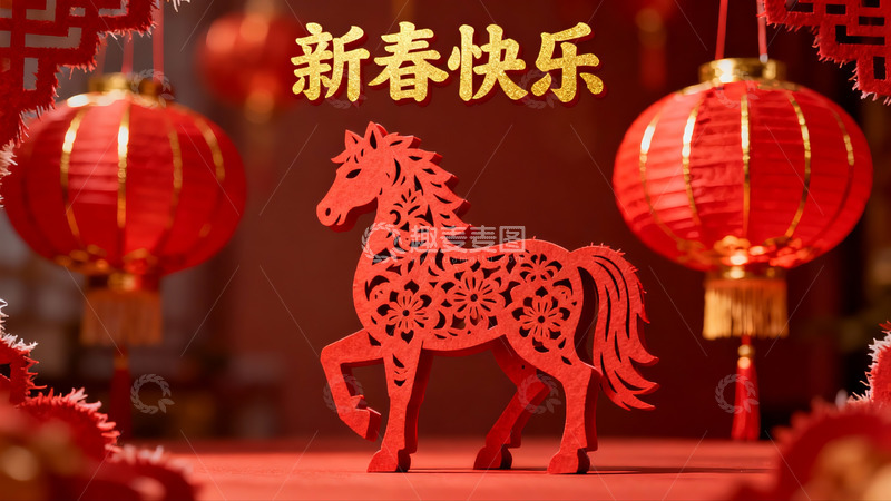 高清大图下载【趣麦麦图】新春剪纸马与红灯笼装饰