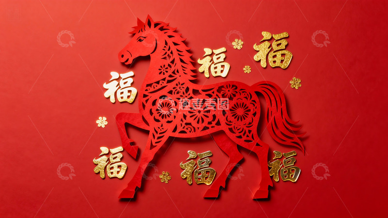 高清大图下载【趣麦麦图】红色剪纸马与金色福字装饰