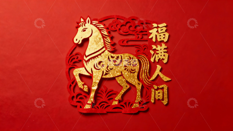 高清大图下载【趣麦麦图】红色背景金色剪纸马年装饰