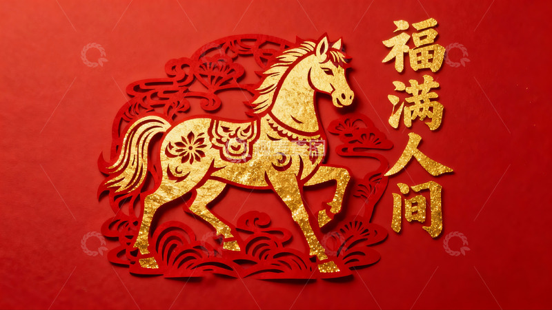 高清大图下载【趣麦麦图】红色背景金色剪纸马