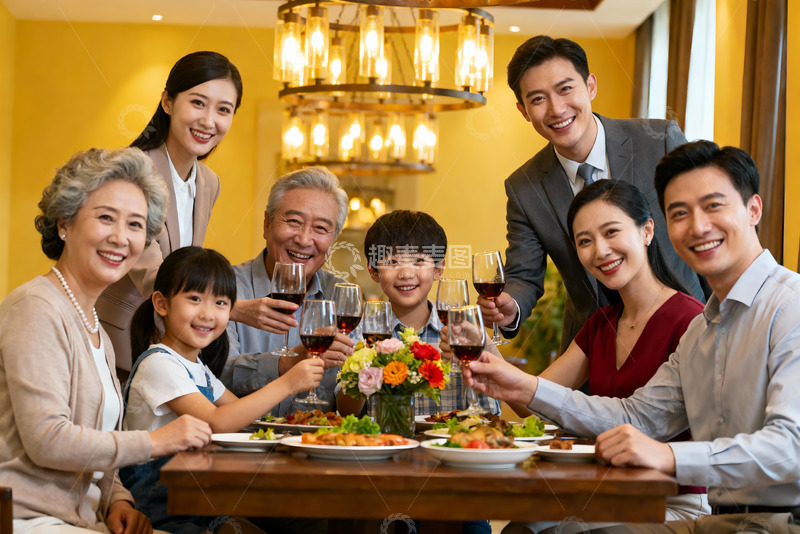 高清大图下载【趣麦麦图】三代同堂家庭聚餐举杯欢庆