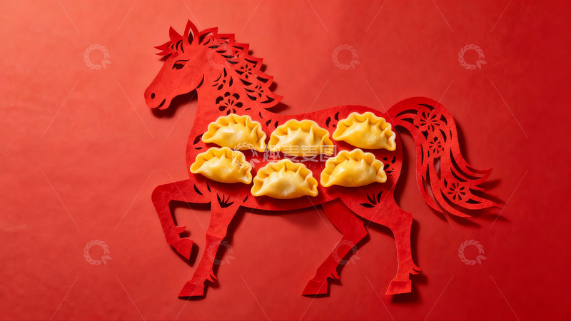 高清大图下载【趣麦麦图】红色剪纸马与饺子创意组合