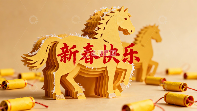 高清大图下载【趣麦麦图】新春剪纸马与鞭炮装饰