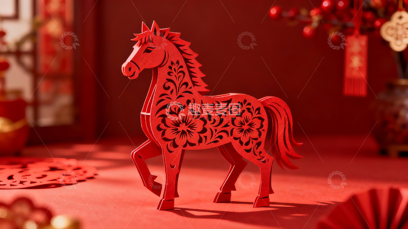 高清大图下载【趣麦麦图】红色剪纸马装饰新年氛围浓厚