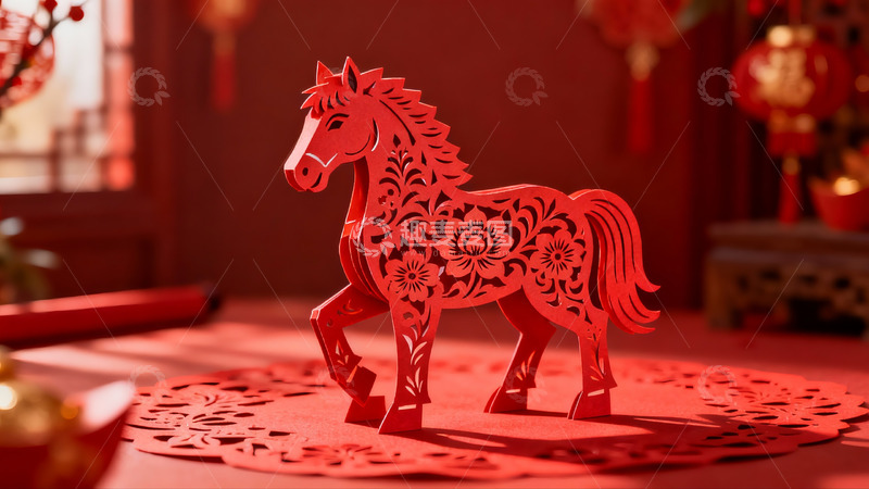 高清大图下载【趣麦麦图】红色剪纸马装饰新年氛围浓厚