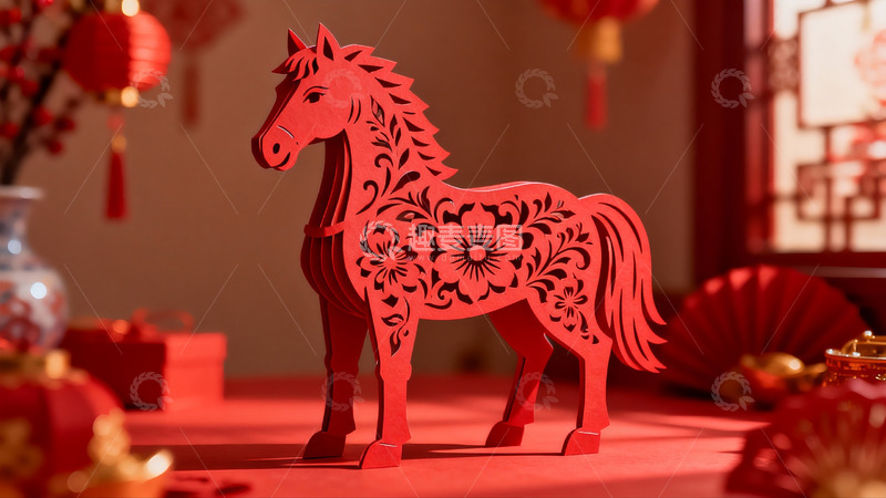 高清大图下载【趣麦麦图】红色剪纸马装饰新年氛围浓厚