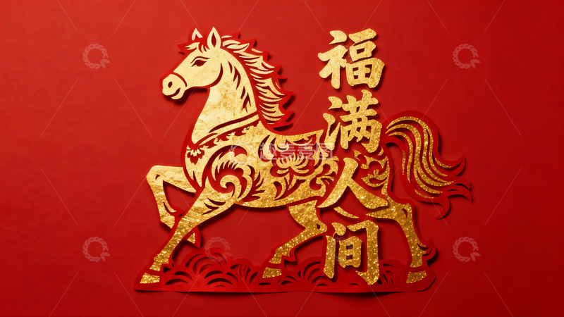 高清大图下载【趣麦麦图】红色背景金色马剪纸艺术