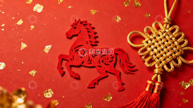 红色剪纸马与金色中国结