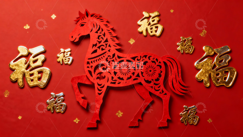 高清大图下载【趣麦麦图】红色剪纸马与金色福字装饰